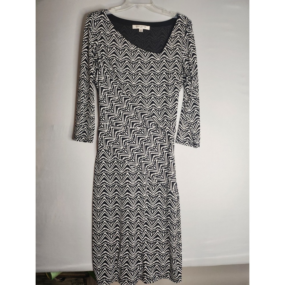 Evan Picone Tie Back Dress 3/4 Length Sleeves Geometric Black & White Size 14